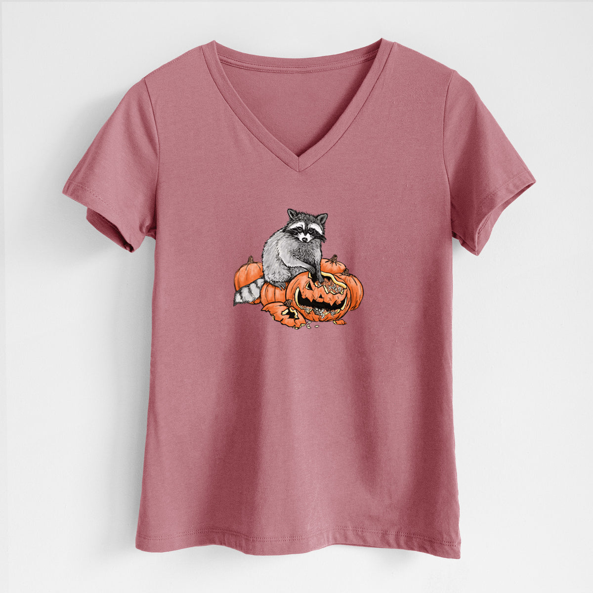 The Raccoon and the Jack-o'-Lantern - Women's Lightweight Relaxed Fit 100% Cotton V-neck