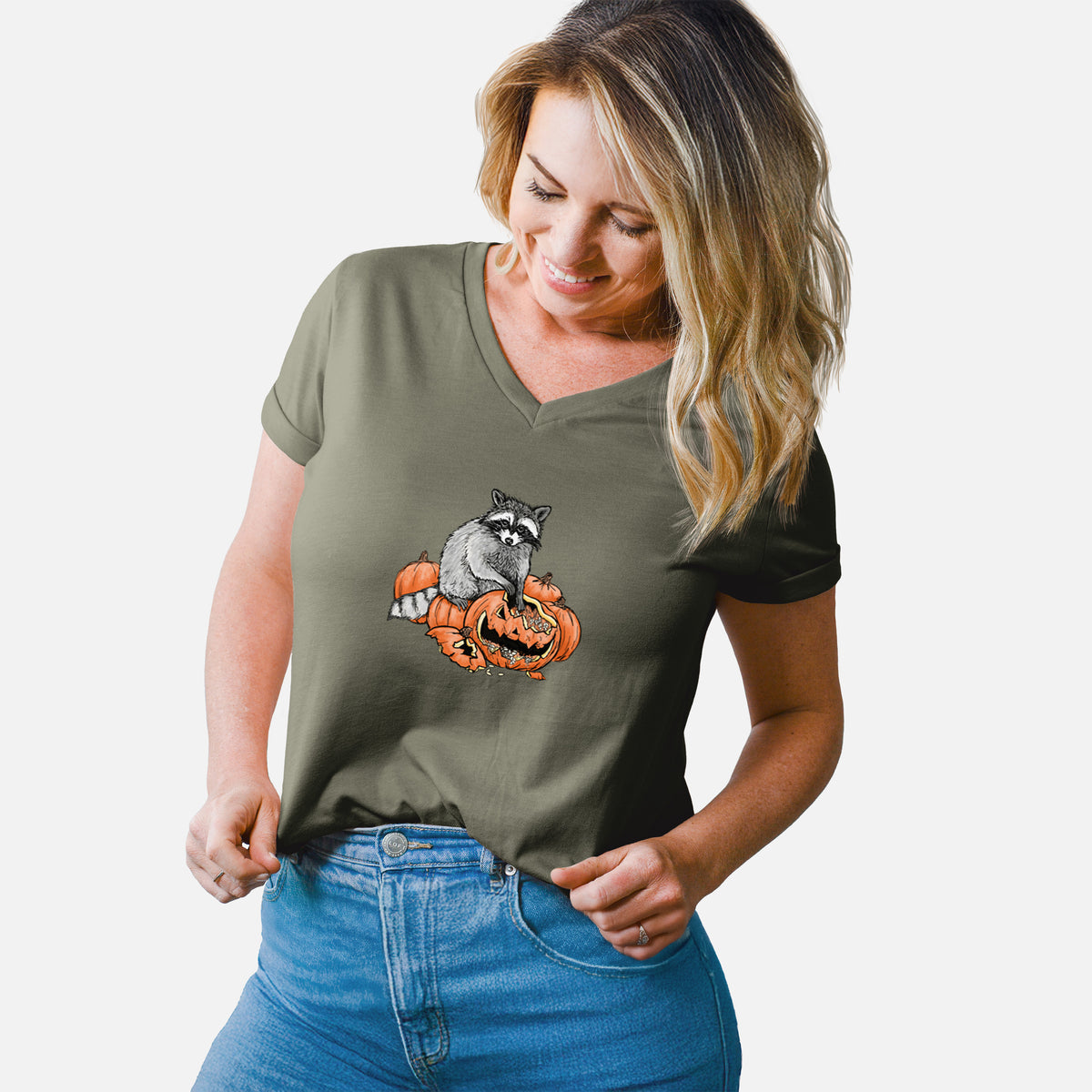 The Raccoon and the Jack-o'-Lantern - Women's Lightweight Relaxed Fit 100% Cotton V-neck
