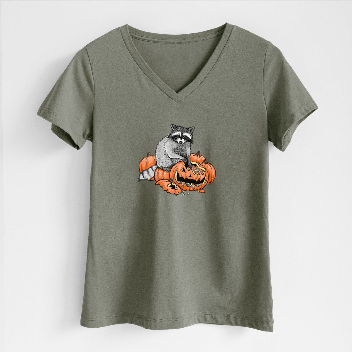 The Raccoon and the Jack-o'-Lantern - Women's Lightweight Relaxed Fit 100% Cotton V-neck