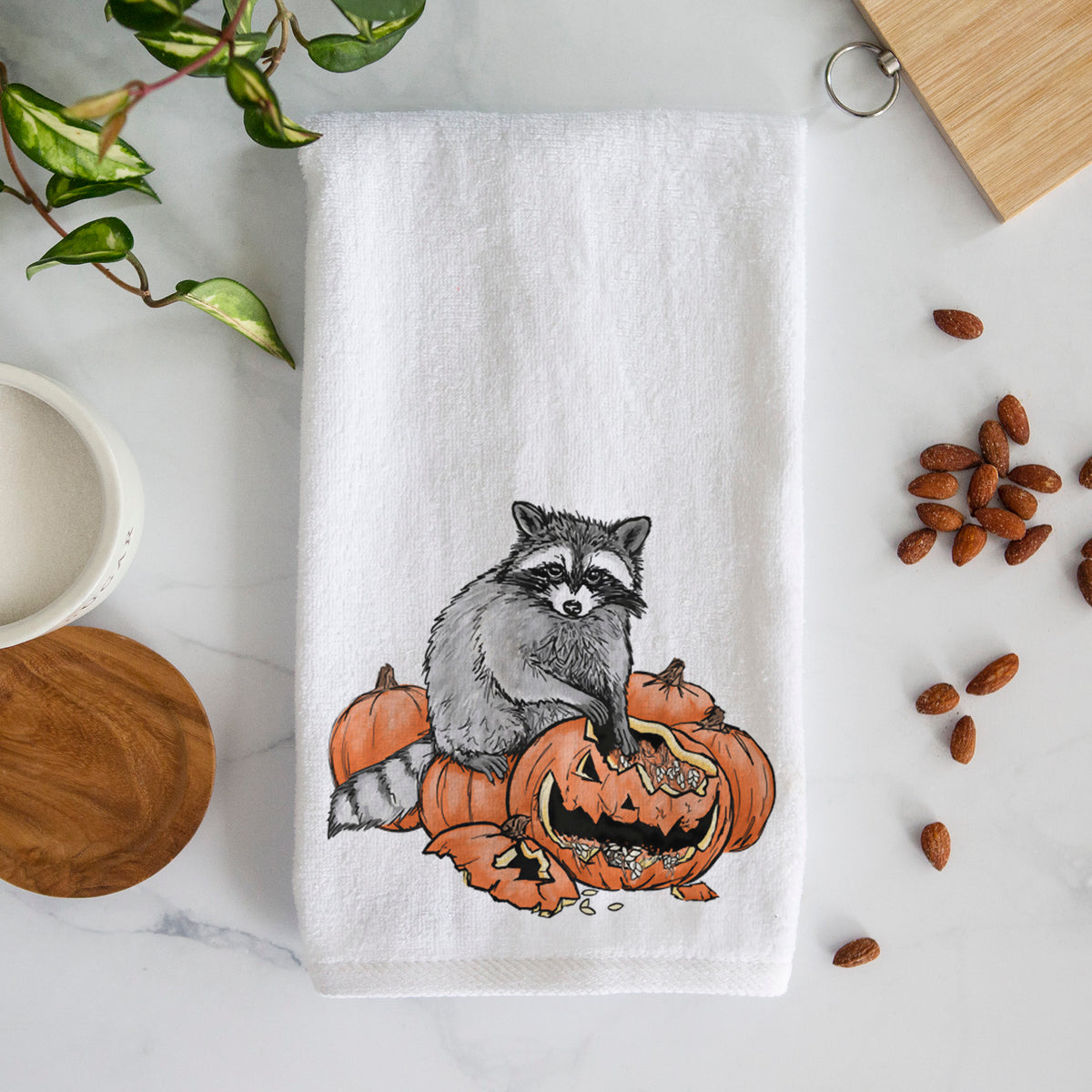 The Raccoon and the Jack-o'-Lantern - Premium Hand Towel