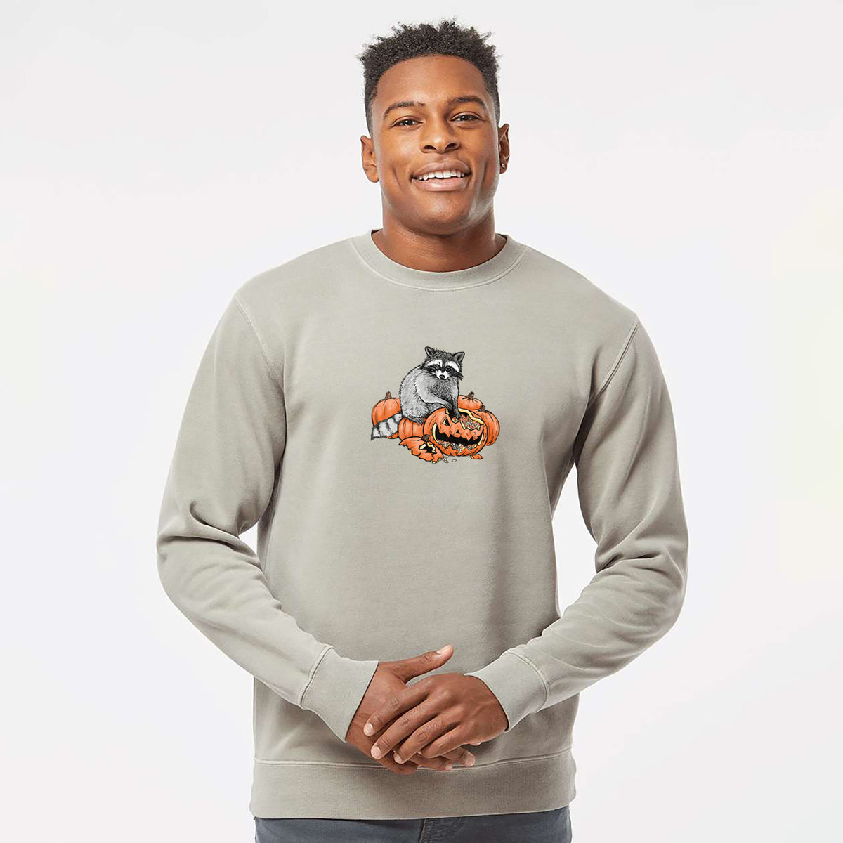 The Raccoon and the Jack-o'-Lantern - Unisex Pigment Dyed Crew Sweatshirt