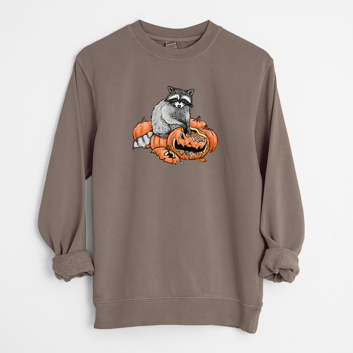 The Raccoon and the Jack-o'-Lantern - Unisex Pigment Dyed Crew Sweatshirt in Espresso