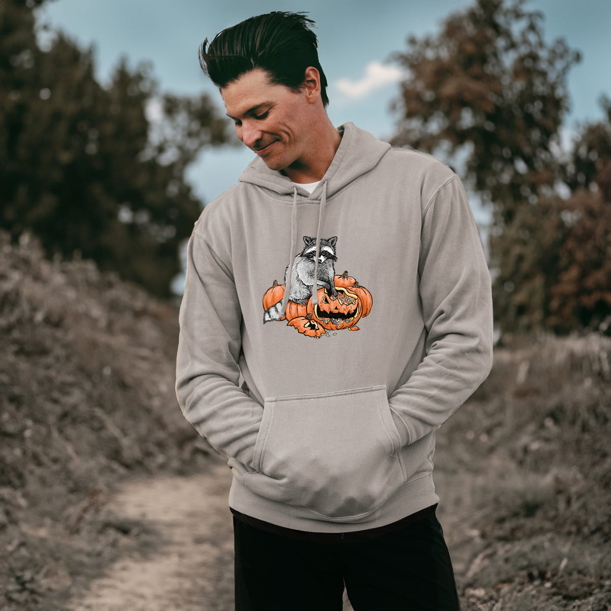 The Raccoon and the Jack-o'-Lantern - Unisex Pigment Dyed Hoodie