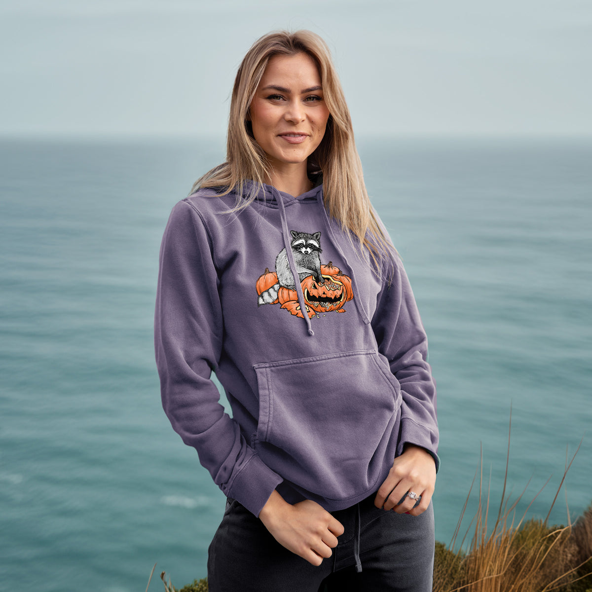 The Raccoon and the Jack-o'-Lantern - Unisex Pigment Dyed Hoodie