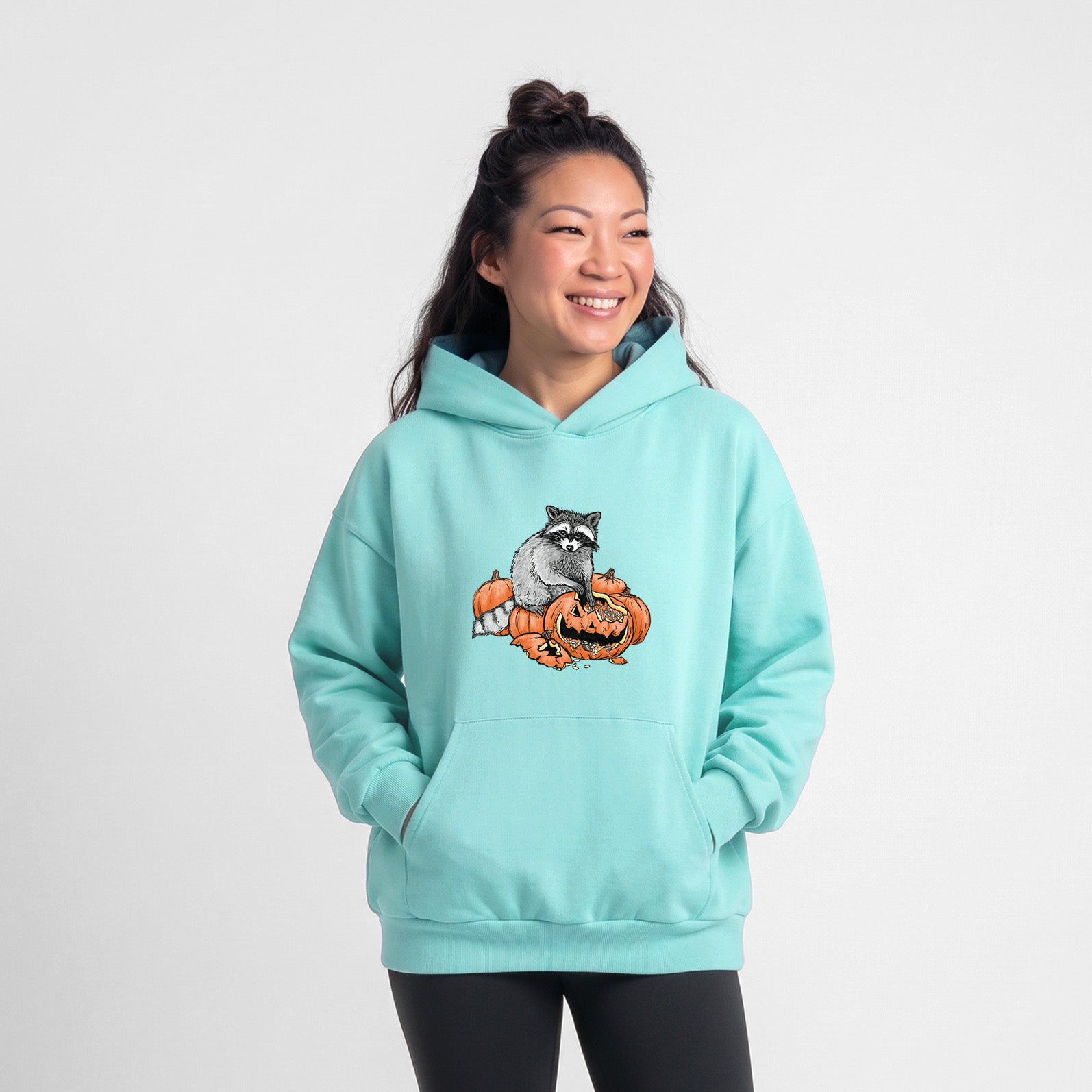 The Raccoon and the Jack-o'-Lantern - Statement Midweight Hoodie in Violet, laid flat, showing the oversized boxy fit and front kangaroo pocket.
