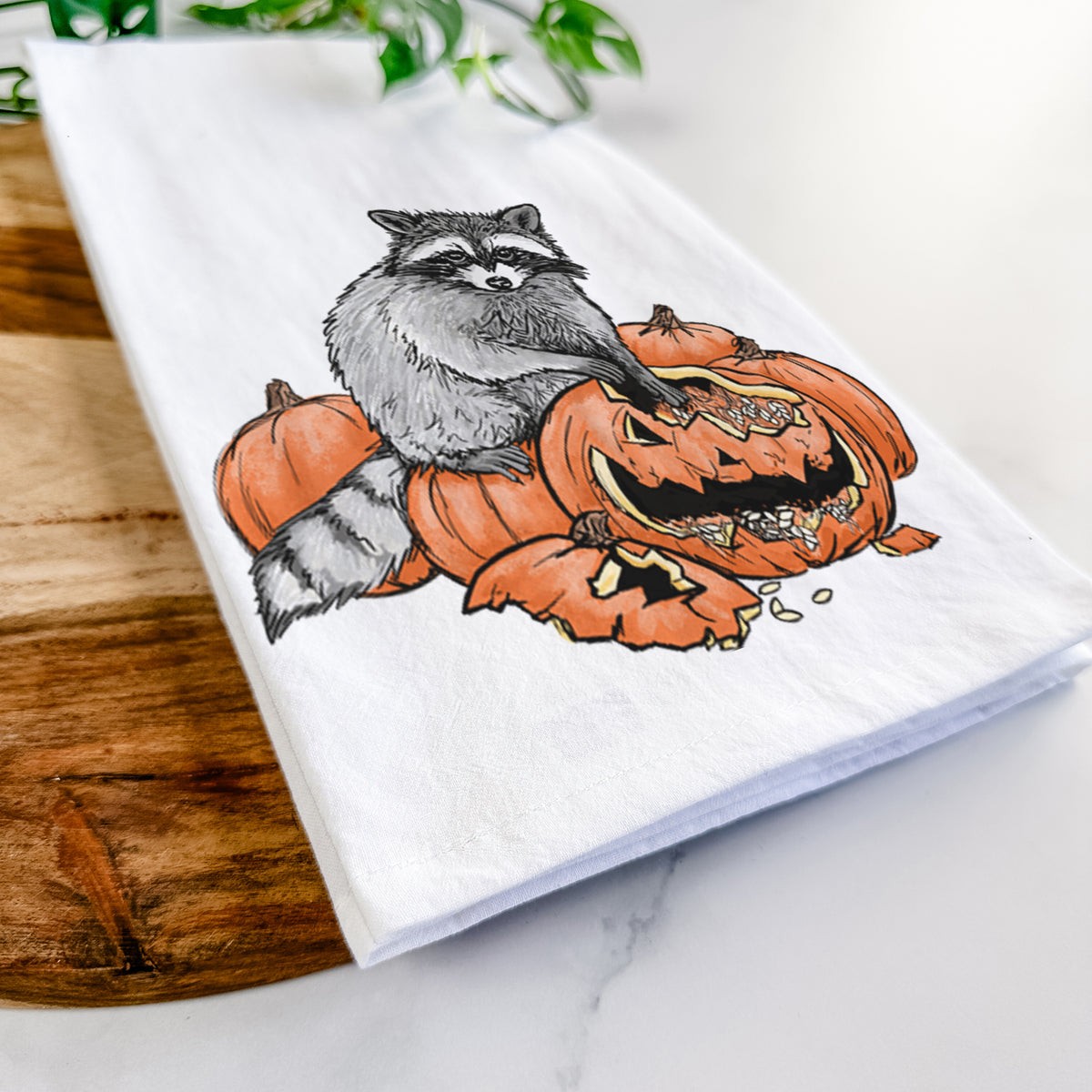 The Raccoon and the Jack-o'-Lantern - Tea Towel
