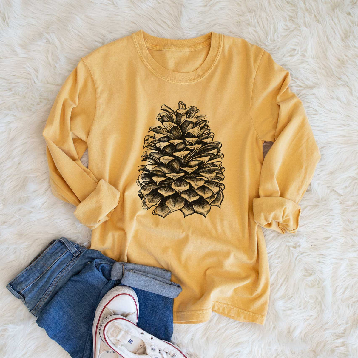 Pinus Jeffreyi - Jeffrey Pine Cone - Men&#39;s Heavyweight 100% Cotton Long Sleeve