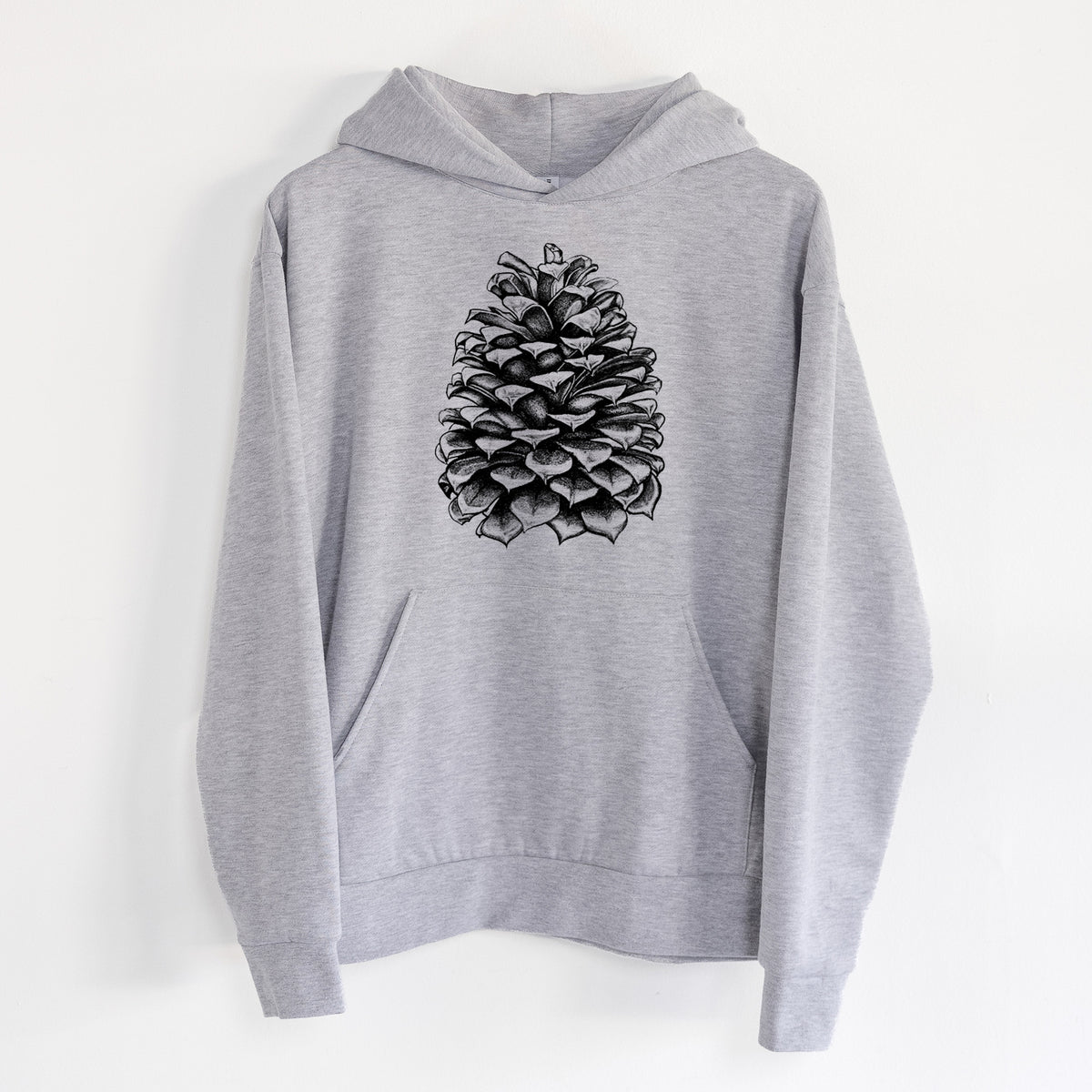 Pinus Jeffreyi - Jeffrey Pine Cone - Statement Midweight Hoodie in Heather Grey, hanging on a white wall, with a front kangaroo pocket and no drawcords.