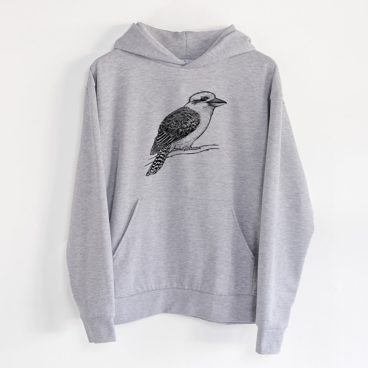 Kookaburra - Dacelo novaeguineae - Statement Midweight Hoodie in Heather Grey, hanging on a white wall, with a front kangaroo pocket and no drawcords.
