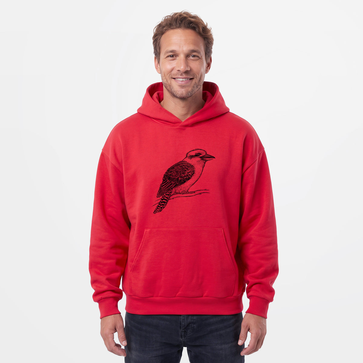 Male model wearing the Kookaburra - Dacelo novaeguineae - Statement Midweight Hoodie.