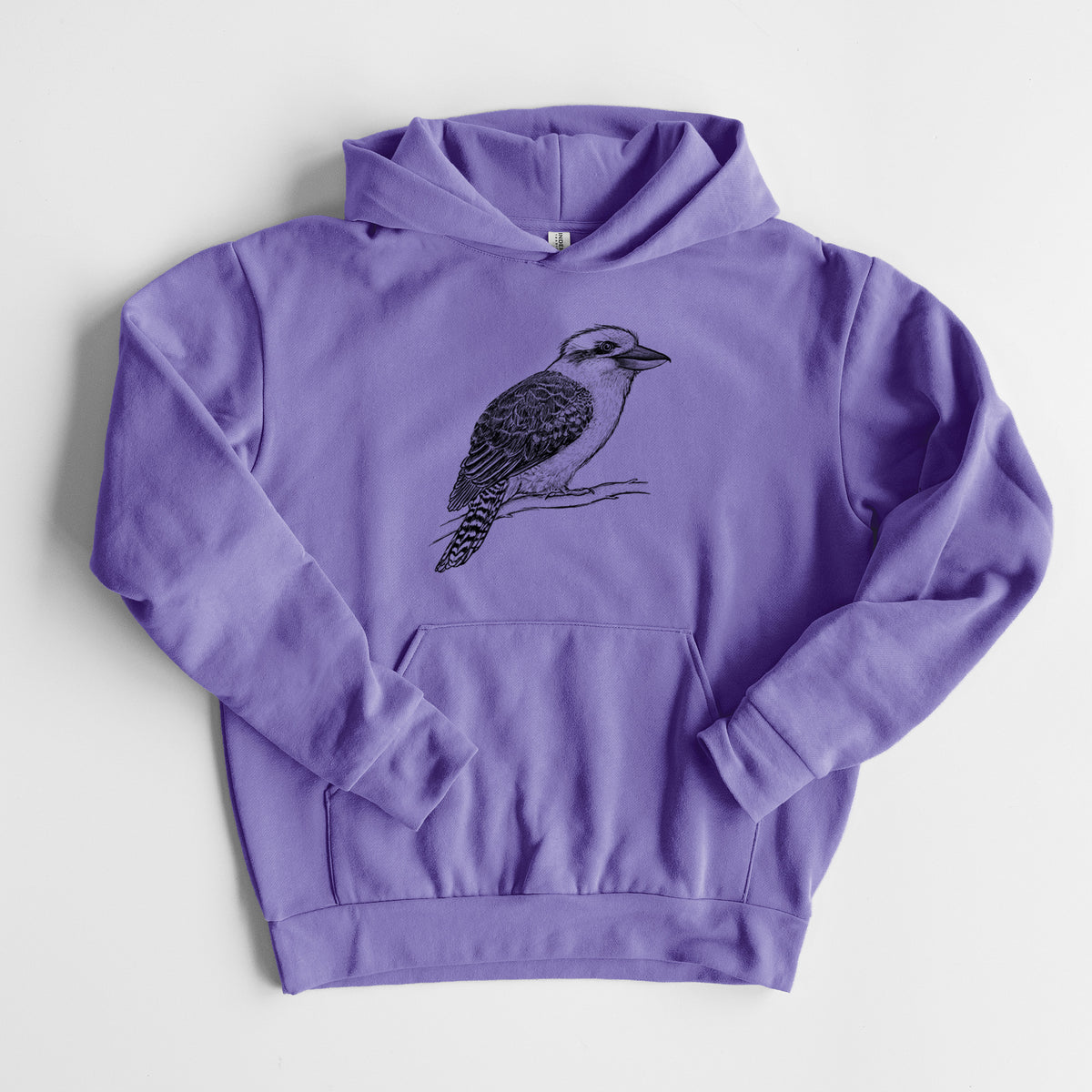 Kookaburra - Dacelo novaeguineae - Statement Midweight Hoodie in Violet, laid flat, showing the oversized boxy fit and front kangaroo pocket.