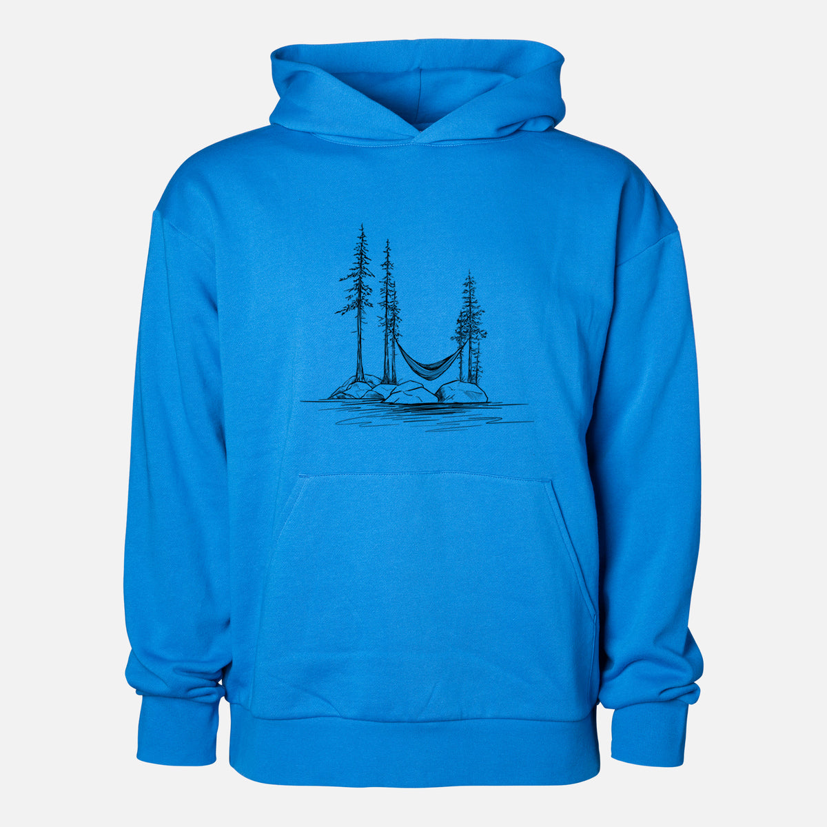 Lakeside Hammock - Statement Midweight Hoodie in Azure Blue, shown from the front with the design printed on the chest above a front kangaroo pocket.