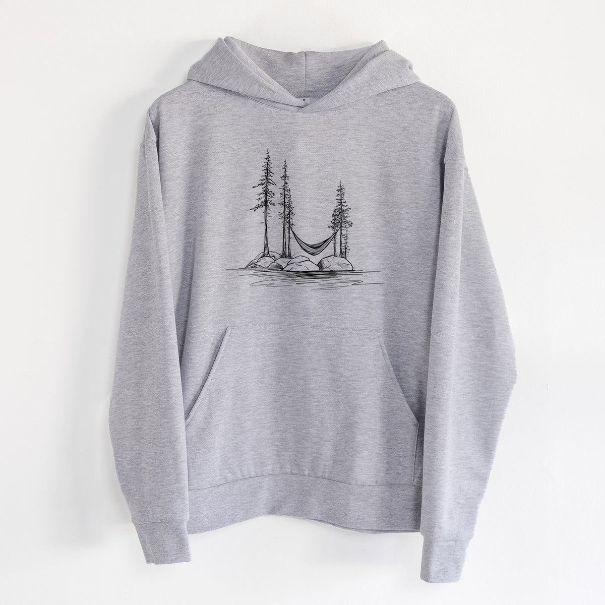 Lakeside Hammock - Statement Midweight Hoodie in Heather Grey, hanging on a white wall, with a front kangaroo pocket and no drawcords.