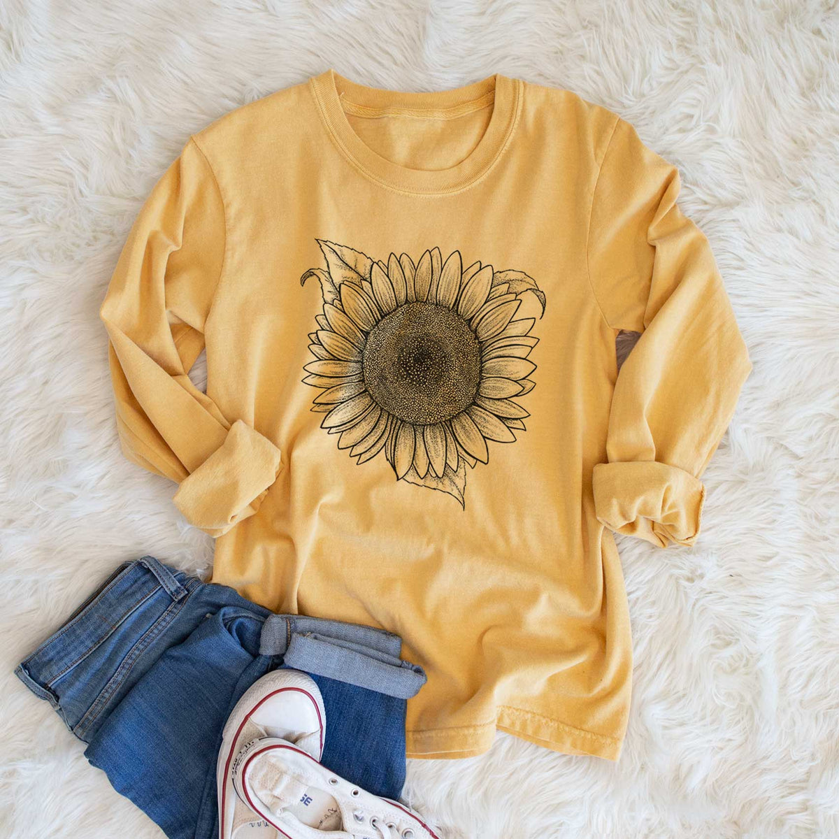 Lemon Queen Sunflower - Helianthus Annuus - Men&#39;s Heavyweight 100% Cotton Long Sleeve