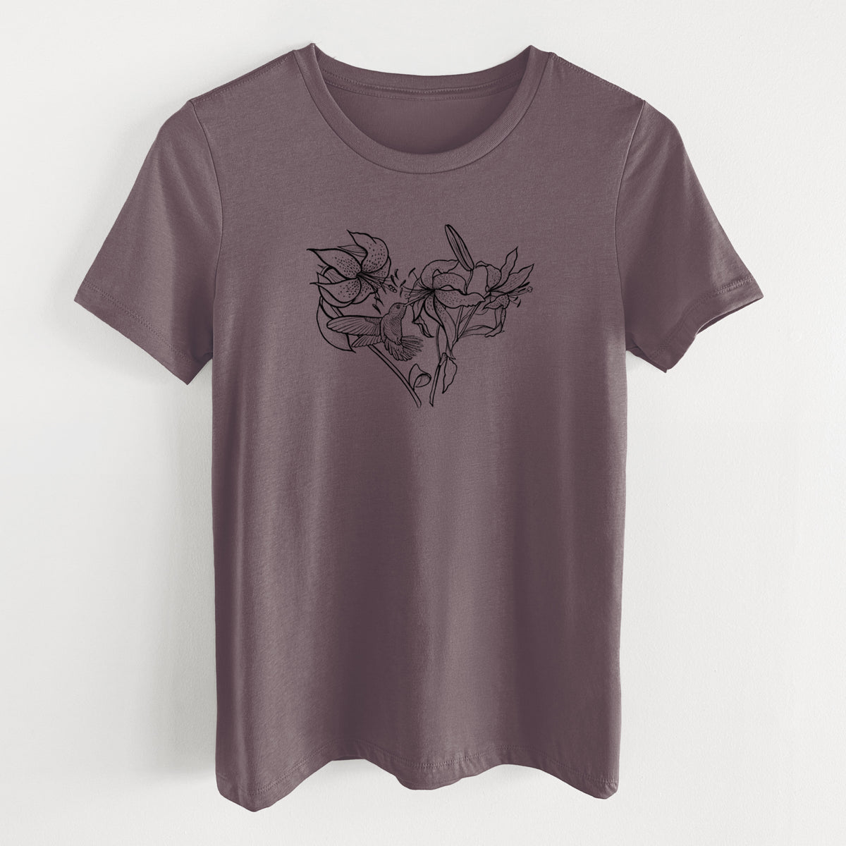 Hummingbird with Lillies Heart - Women&#39;s Lightweight Relaxed Fit 100% Cotton Crewneck