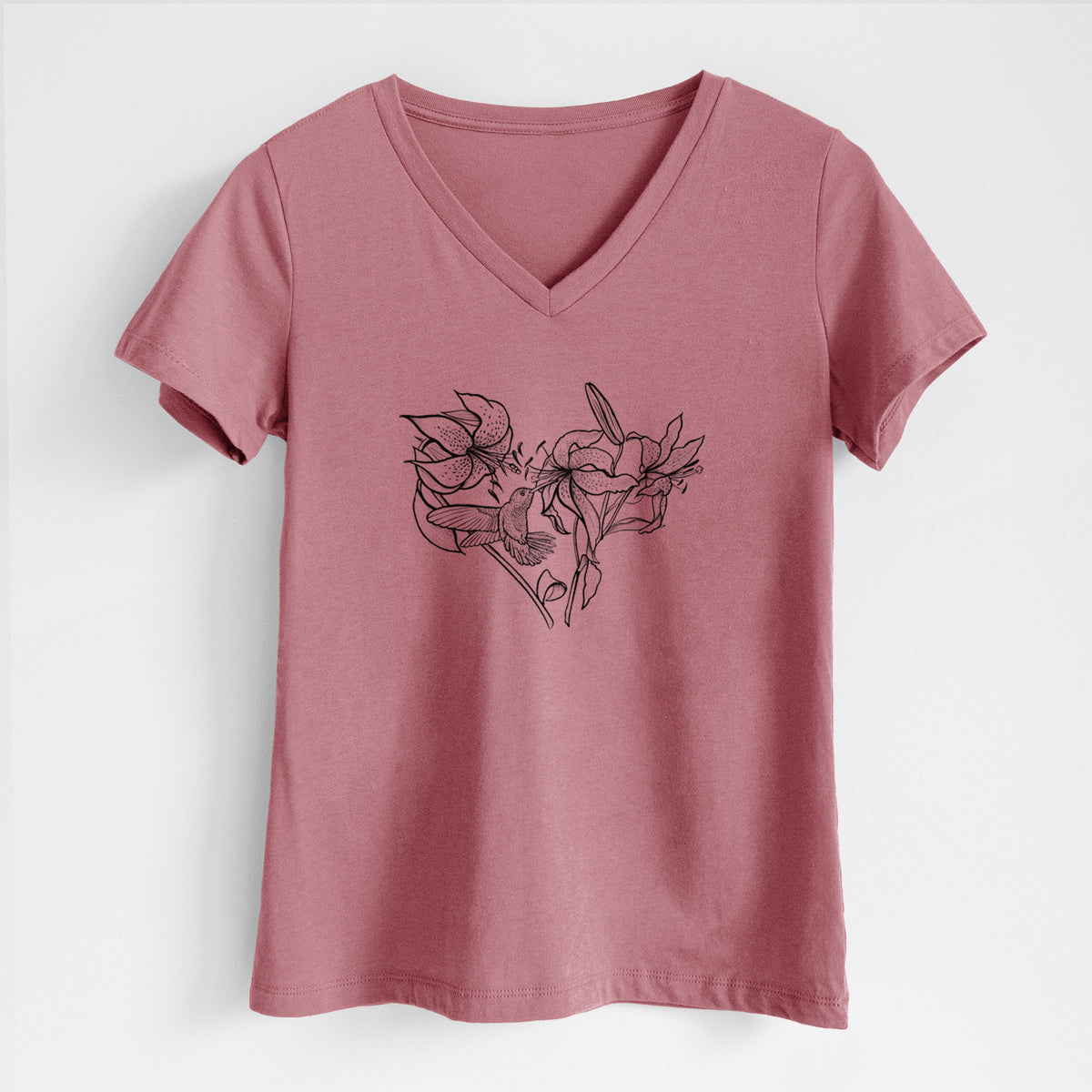 Hummingbird with Lillies Heart - Women&#39;s Lightweight Relaxed Fit 100% Cotton V-neck