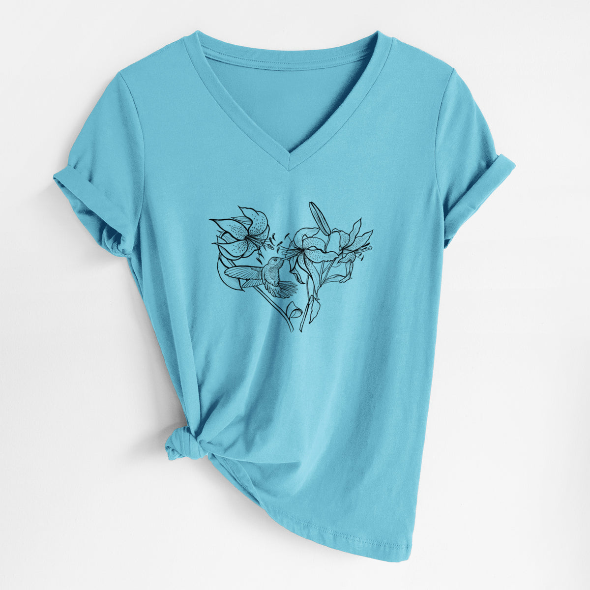 Hummingbird with Lillies Heart - Women&#39;s Lightweight Relaxed Fit 100% Cotton V-neck