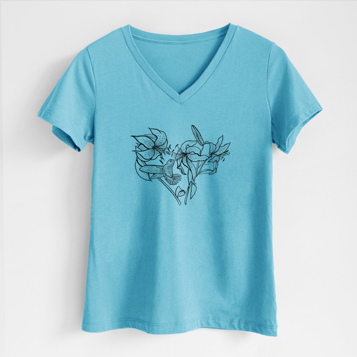 Hummingbird with Lillies Heart - Women&#39;s Lightweight Relaxed Fit 100% Cotton V-neck