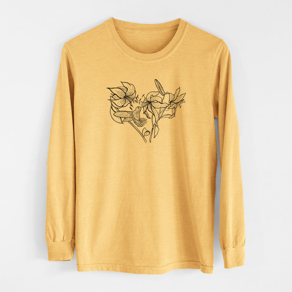 Hummingbird with Lillies Heart - Men&#39;s Heavyweight 100% Cotton Long Sleeve