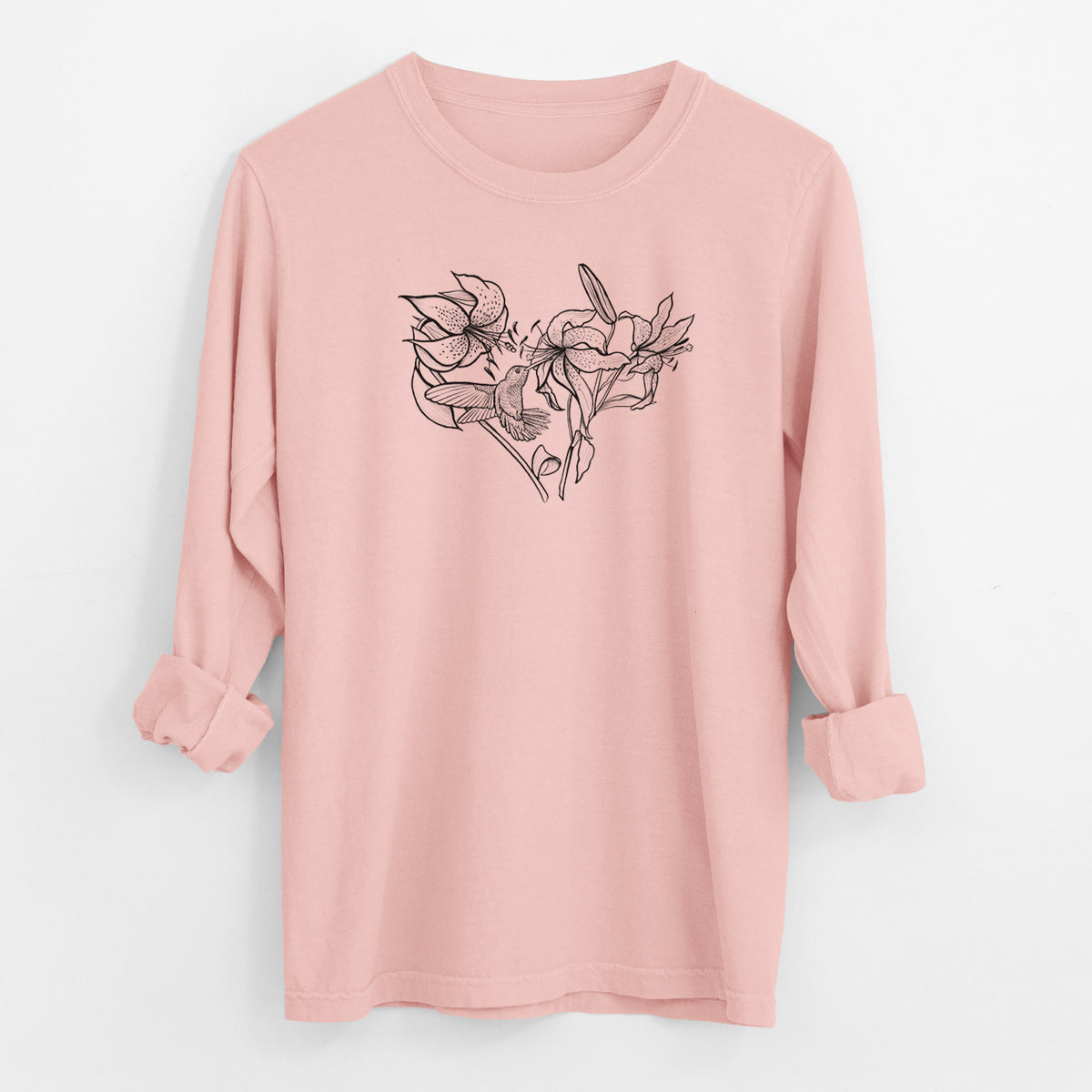 Hummingbird with Lillies Heart - Men&#39;s Heavyweight 100% Cotton Long Sleeve