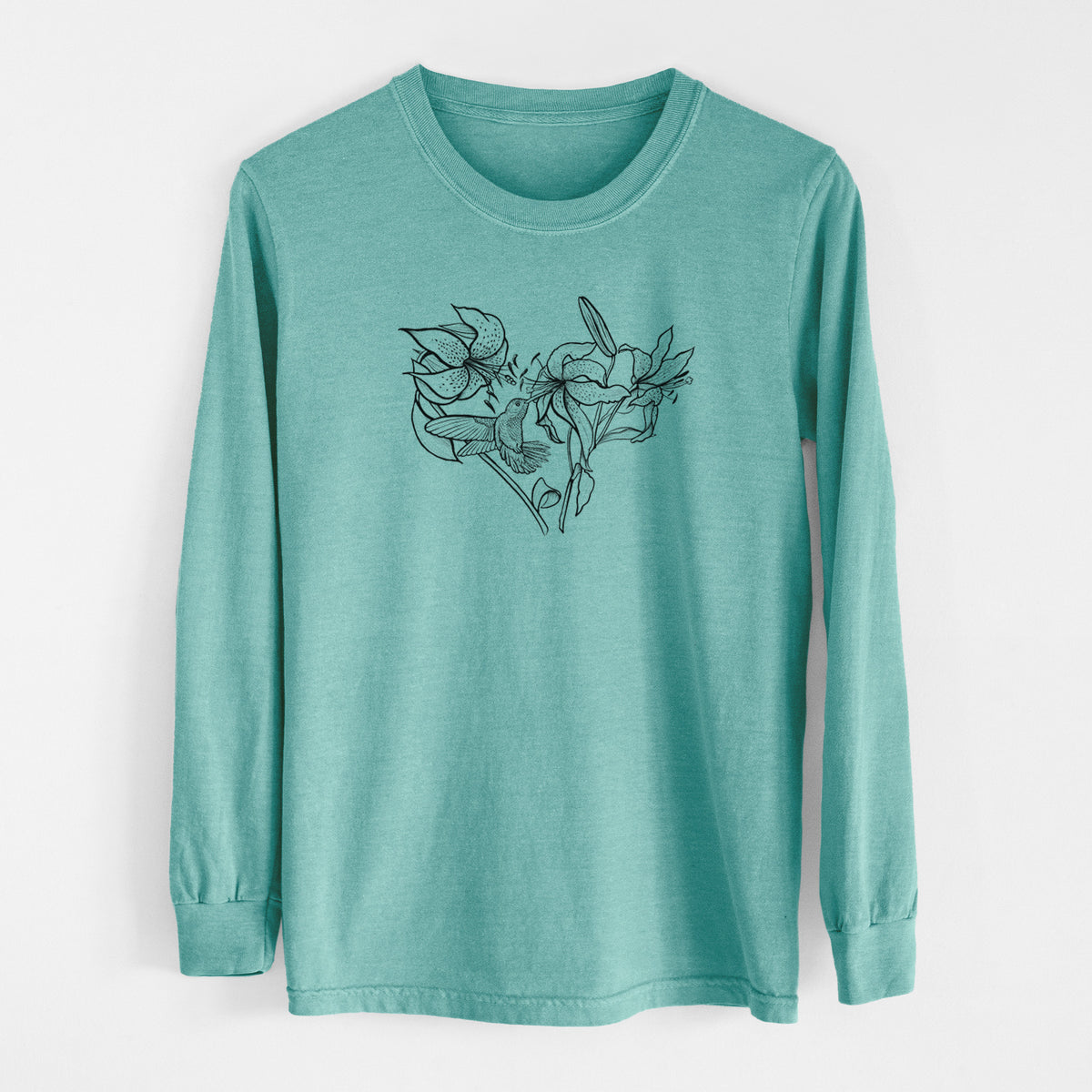 Hummingbird with Lillies Heart - Men&#39;s Heavyweight 100% Cotton Long Sleeve