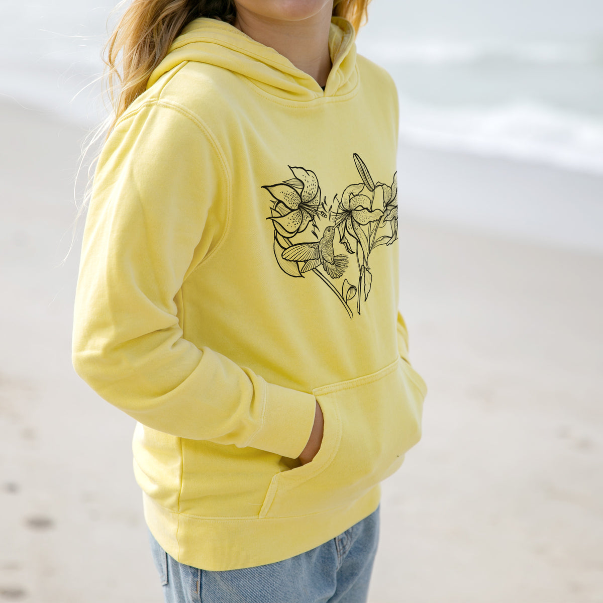 Hummingbird with Lillies Heart - Youth Pigment Dyed Hoodie