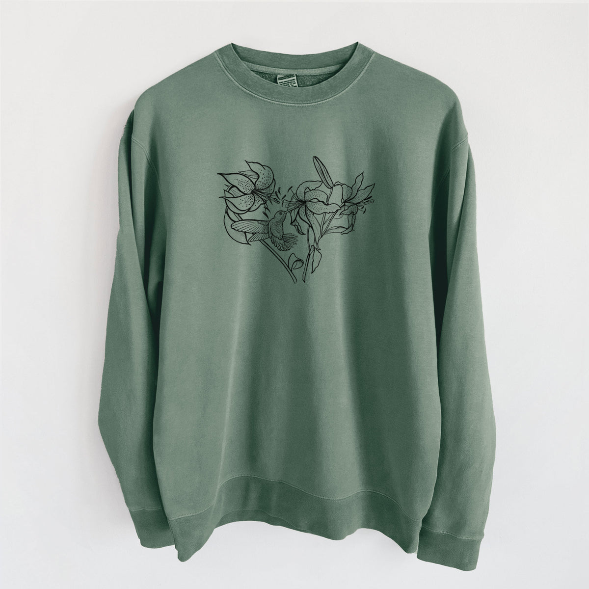 Hummingbird with Lillies Heart - Unisex Pigment Dyed Crew Sweatshirt