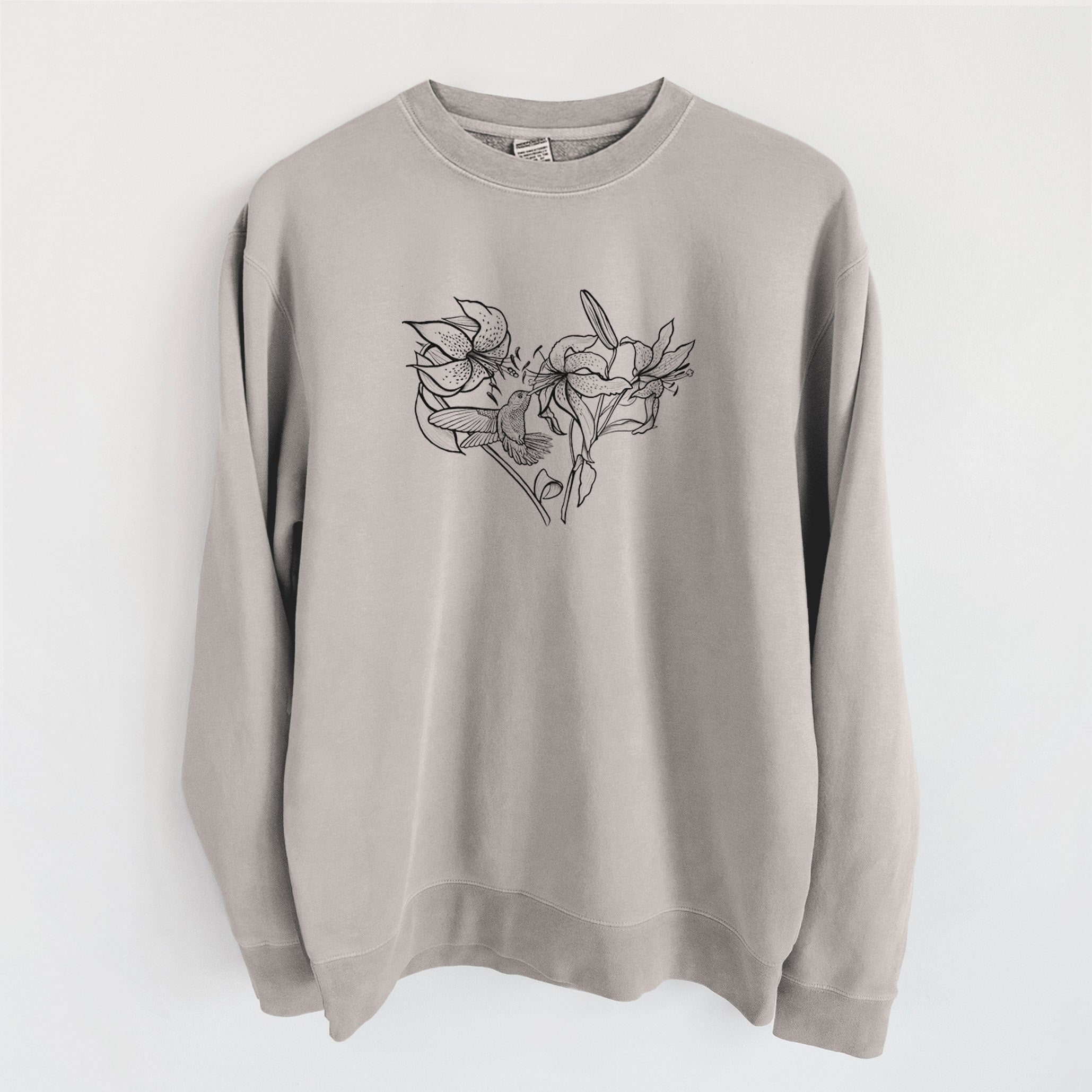 Hummingbird with Lillies Heart - Unisex Pigment Dyed Crew Sweatshirt