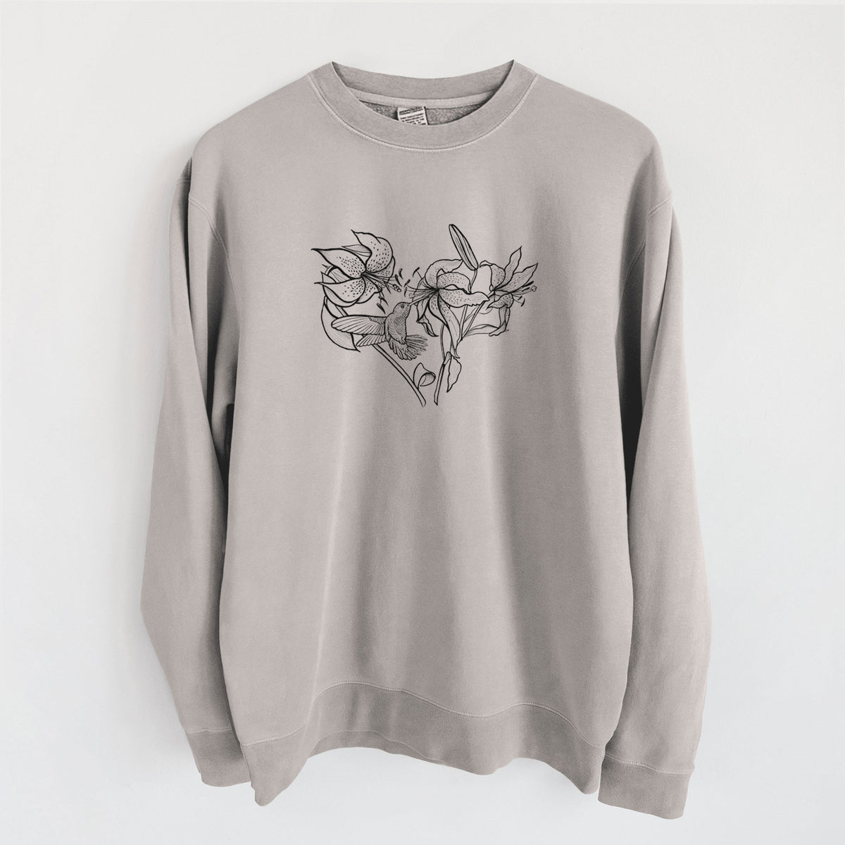 Hummingbird with Lillies Heart - Unisex Pigment Dyed Crew Sweatshirt