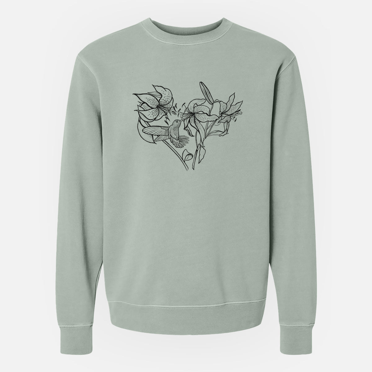 Hummingbird with Lillies Heart - Unisex Pigment Dyed Crew Sweatshirt