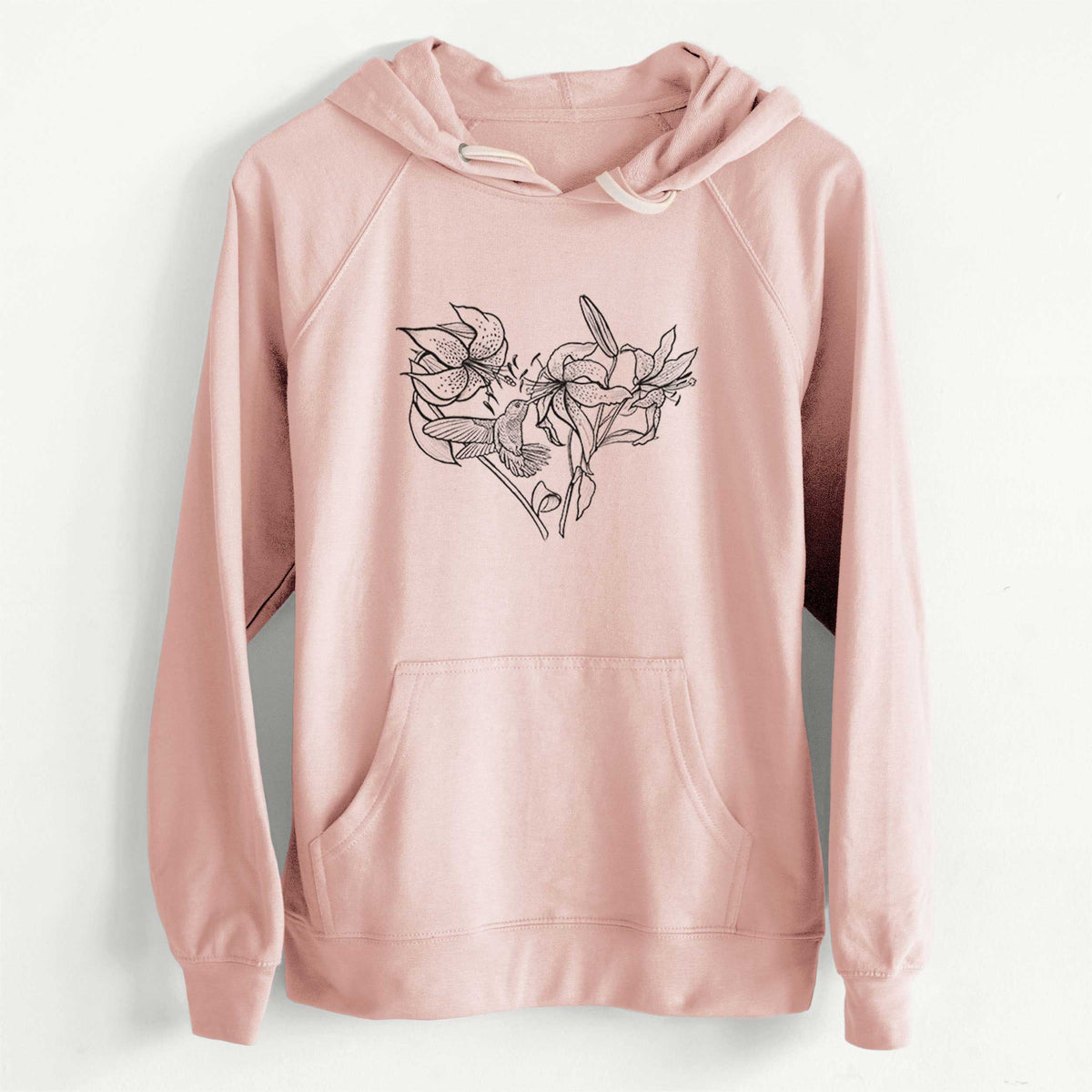 CLEARANCE - Hummingbird with Lillies Heart  - Unisex Slim Fit Loopback Terry Hoodie