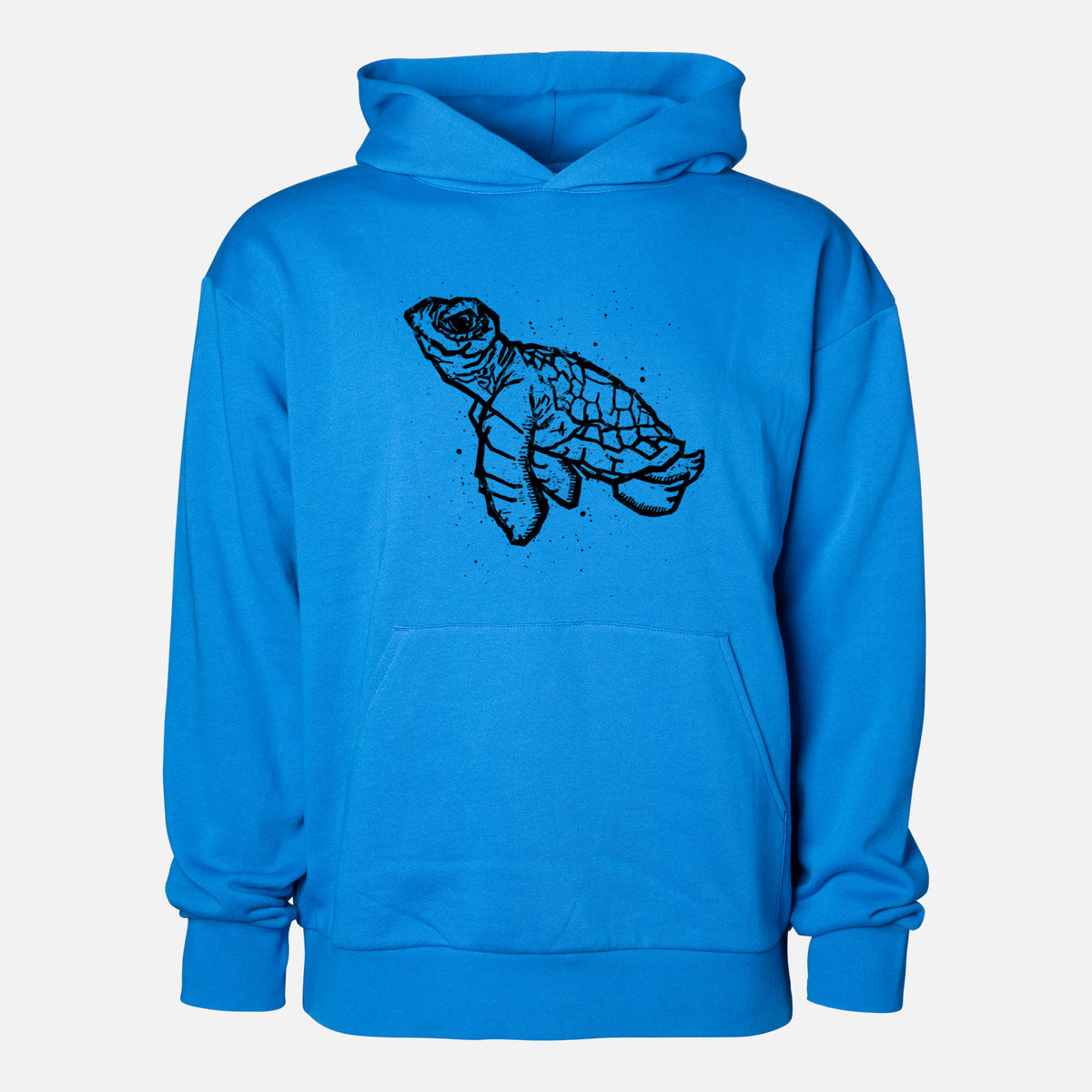 Baby Sea Turtle - Statement Midweight Hoodie in Azure Blue, shown from the front with the design printed on the chest above a front kangaroo pocket.
