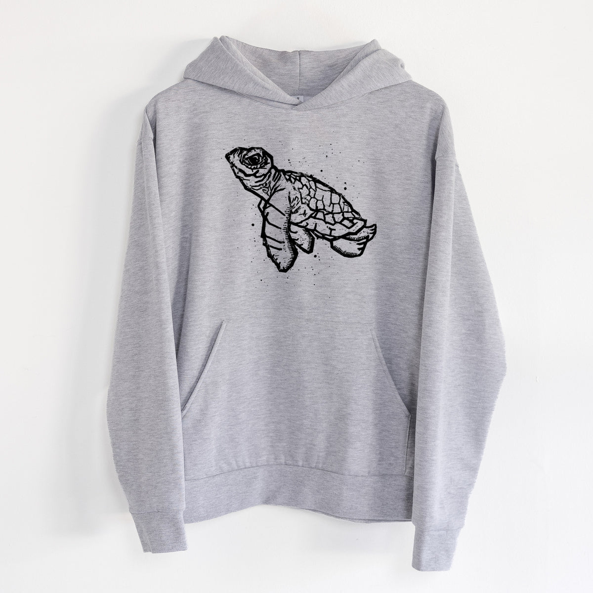 Baby Sea Turtle - Statement Midweight Hoodie in Heather Grey, hanging on a white wall, with a front kangaroo pocket and no drawcords.