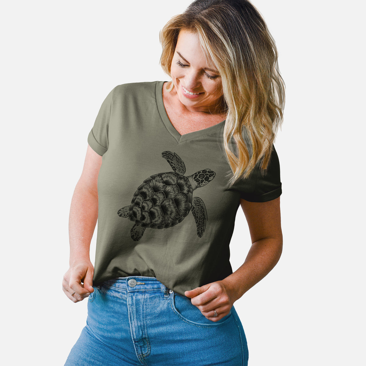Loggerhead Sea Turtle - Caretta caretta - Women's Lightweight Relaxed Fit 100% Cotton V-neck