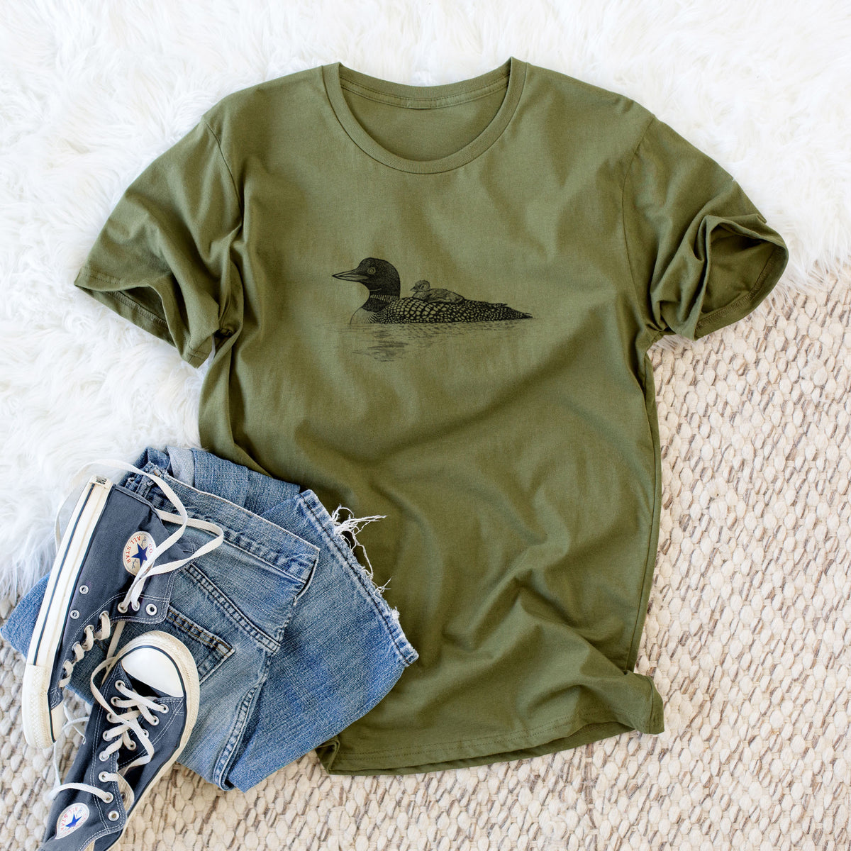 Common Loon with Chick - Gavia immer - Unisex Crewneck - Made in USA - 100% Organic Cotton