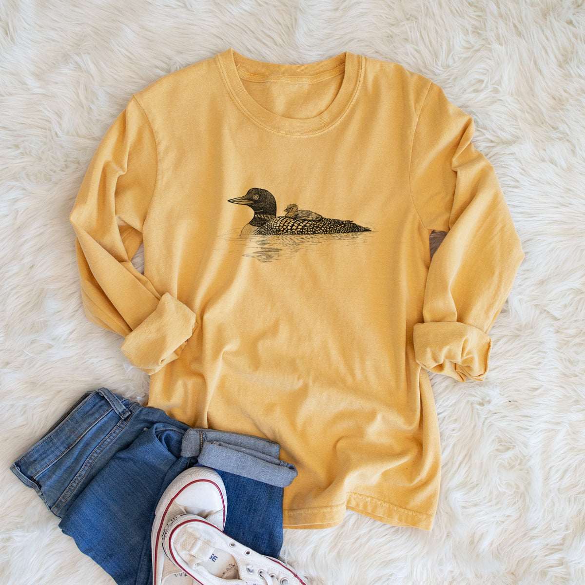 Common Loon with Chick - Gavia immer - Heavyweight 100% Cotton Long Sleeve
