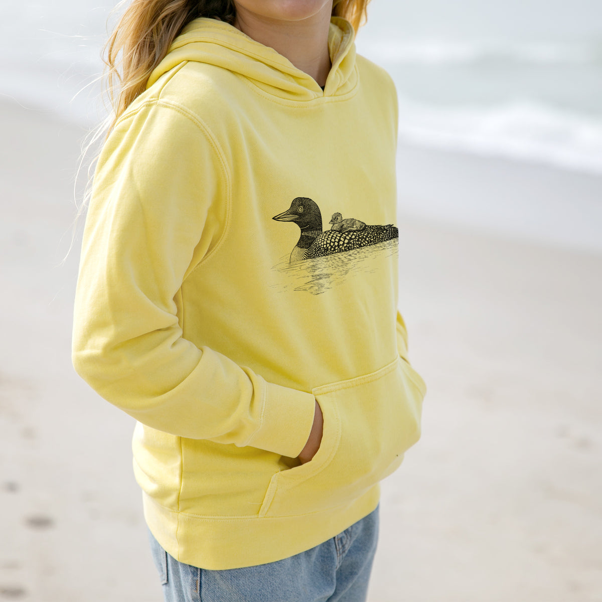 Common Loon with Chick - Gavia immer - Youth Pigment Dyed Hoodie