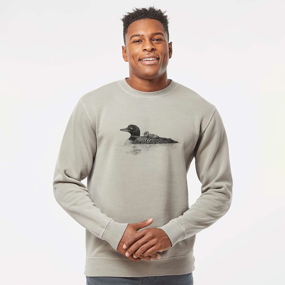 Common Loon with Chick - Gavia immer - Unisex Pigment Dyed Crew Sweatshirt