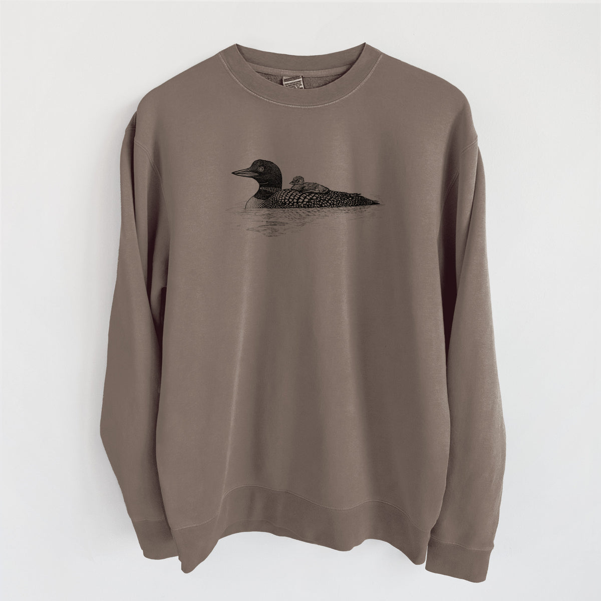 Common Loon with Chick - Gavia immer - Unisex Pigment Dyed Crew Sweatshirt in Espresso Brown Color