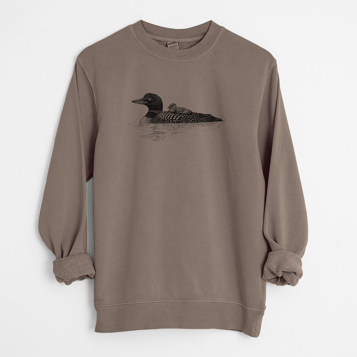 Common Loon with Chick - Gavia immer - Unisex Pigment Dyed Crew Sweatshirt in Espresso Brown Color