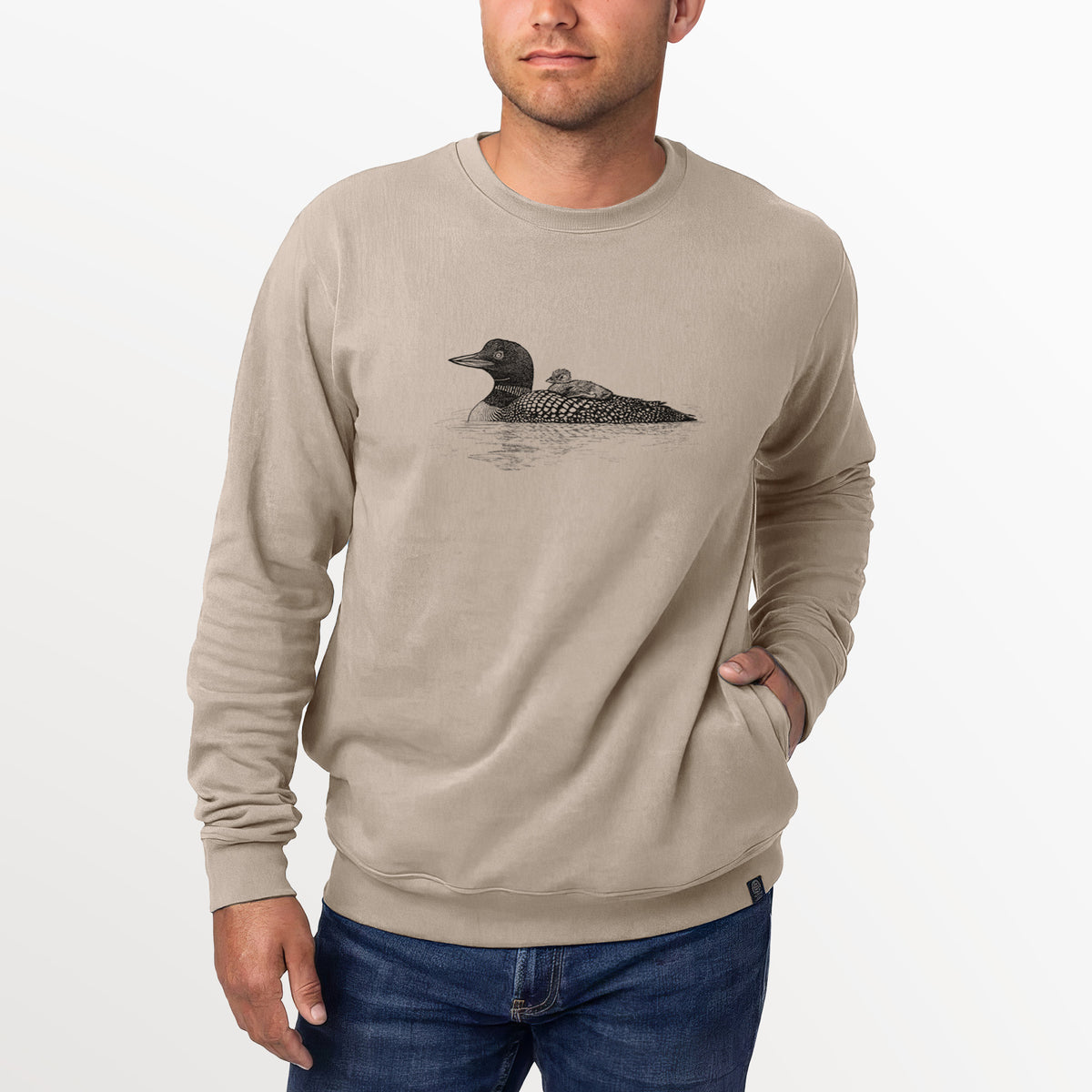 Common Loon with Chick - Gavia immer  - Unisex Reclaimed Crewneck Sweatshirt