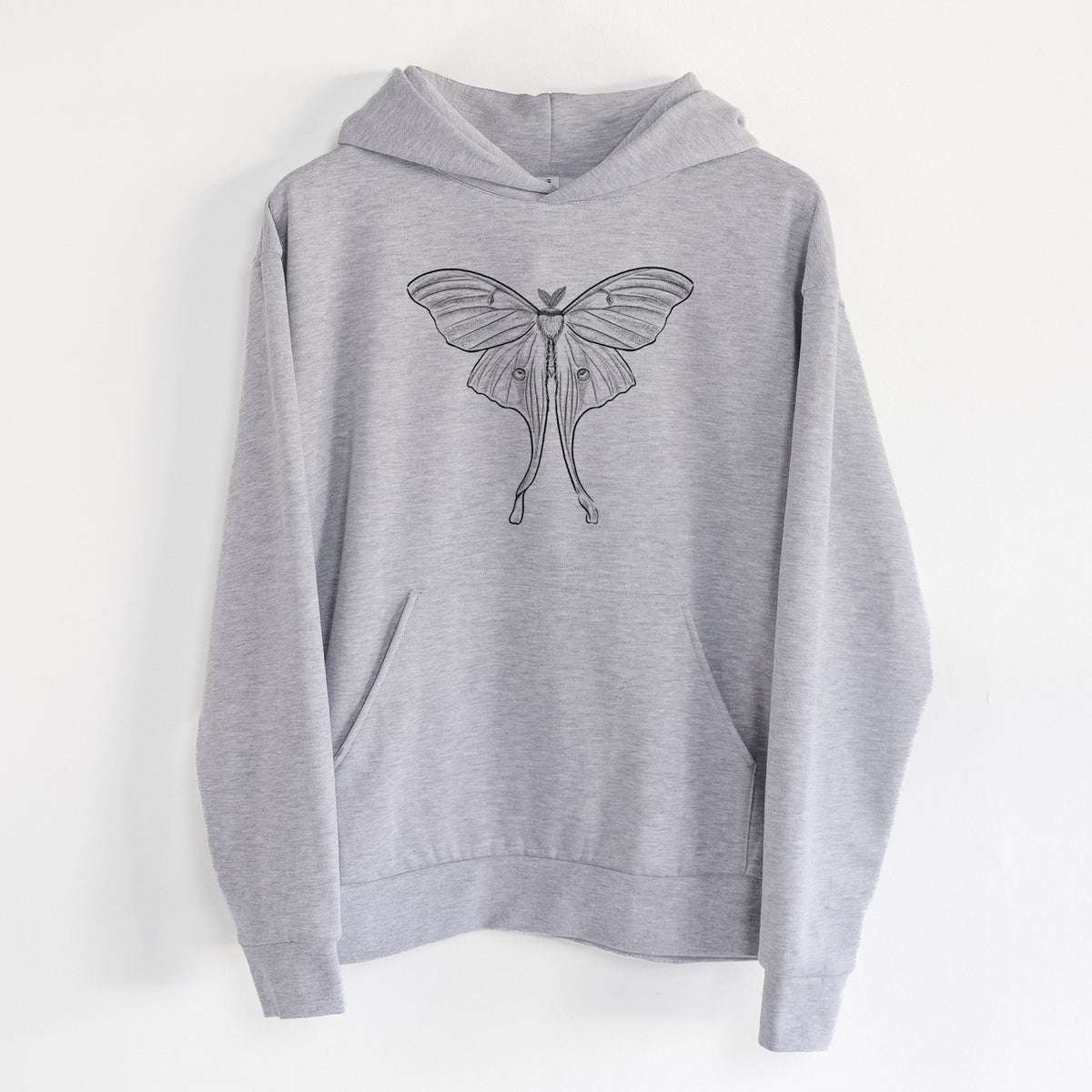 Luna Moth - Actias luna - Statement Midweight Hoodie in Heather Grey, hanging on a white wall, with a front kangaroo pocket and no drawcords.