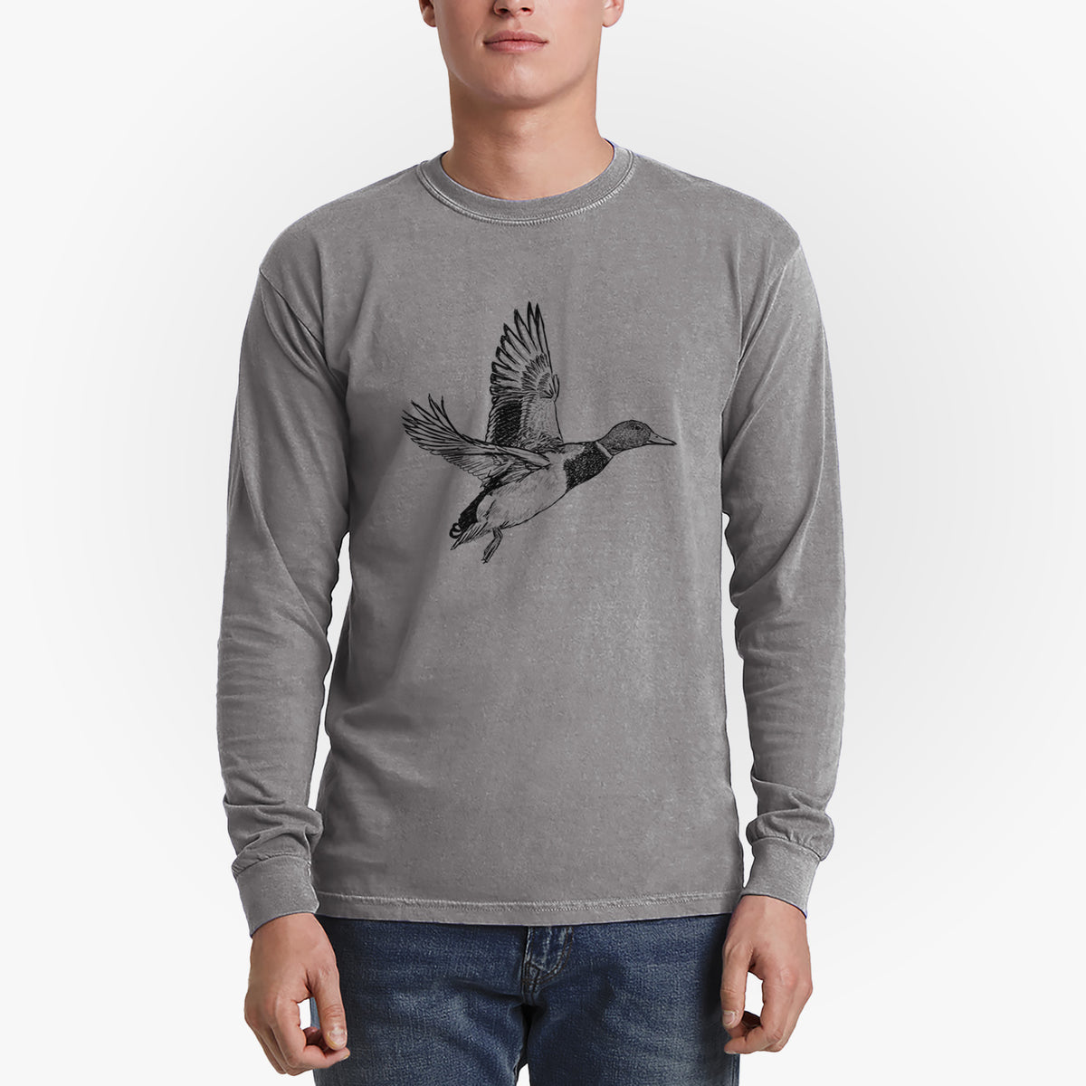 Male Mallard Duck - Anas platyrhynchos - Men&#39;s Heavyweight 100% Cotton Long Sleeve