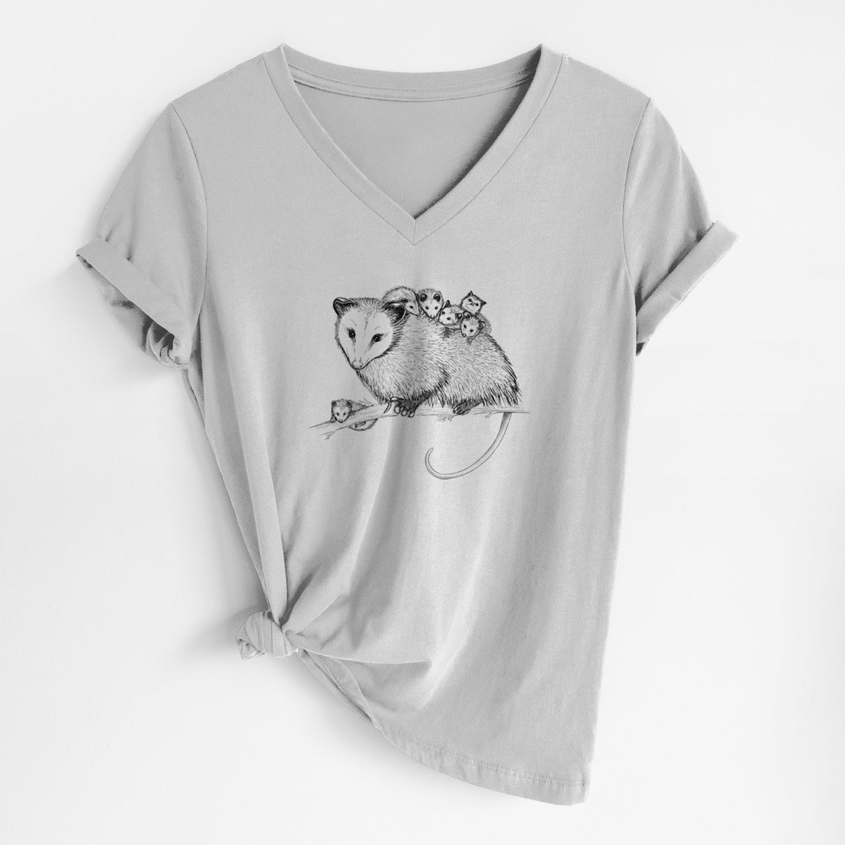 Mama Opossum with Babies - Women&#39;s Lightweight Relaxed Fit 100% Cotton V-neck