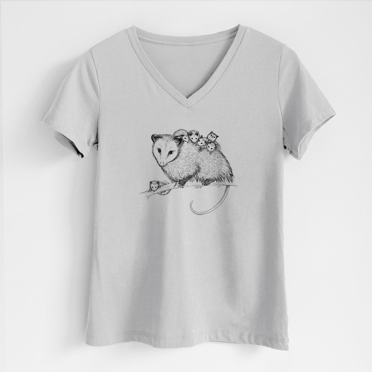 Mama Opossum with Babies - Women&#39;s Lightweight Relaxed Fit 100% Cotton V-neck