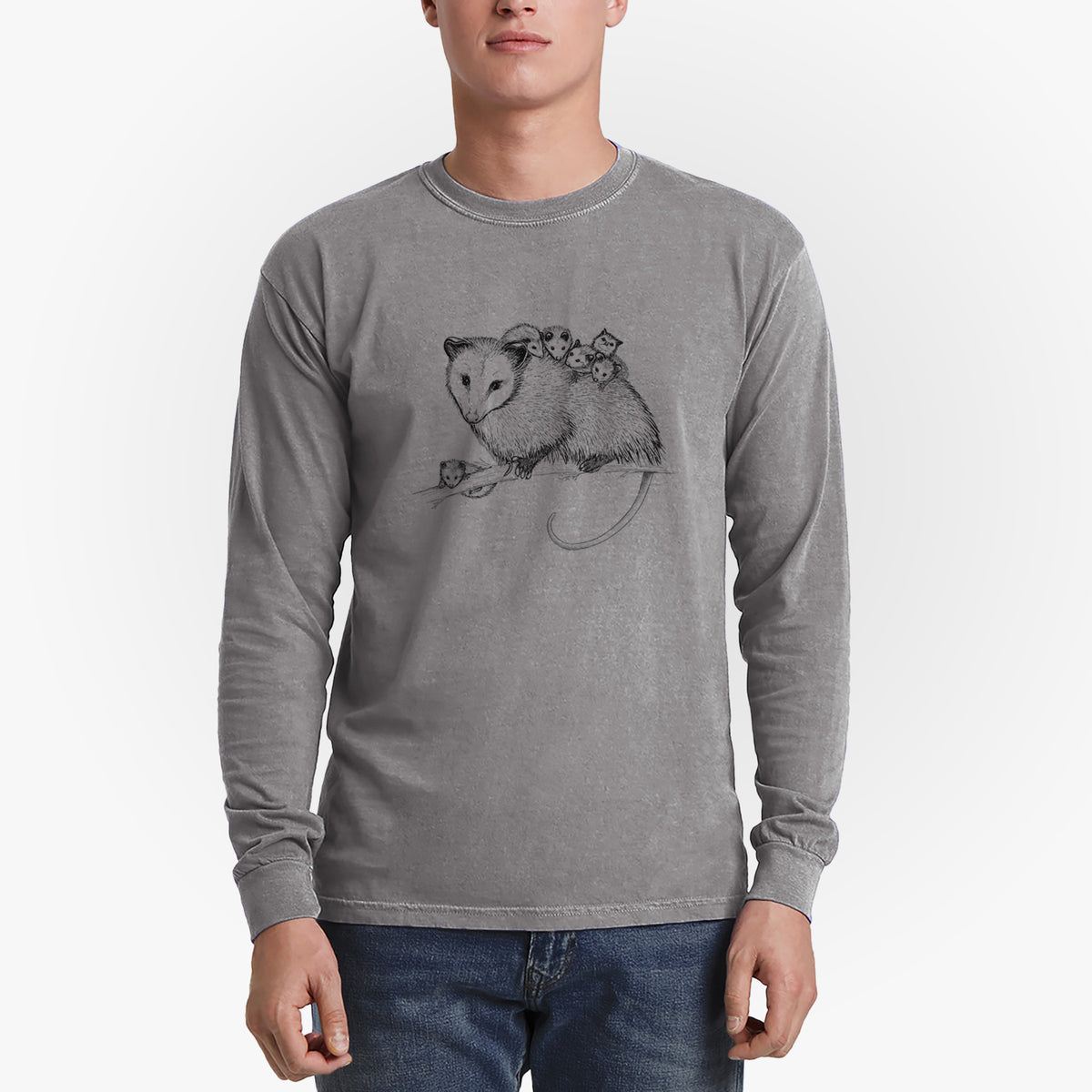 Mama Opossum with Babies - Men&#39;s Heavyweight 100% Cotton Long Sleeve