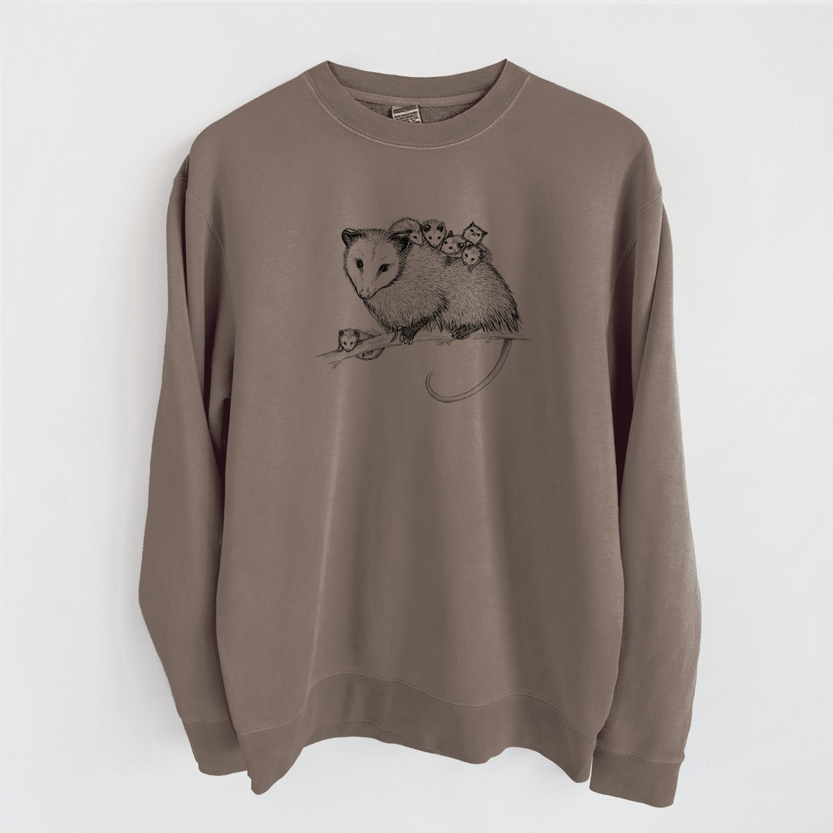 Mama Opossum with Babies - Unisex Pigment Dyed Crew Sweatshirt in Espresso Brown Color