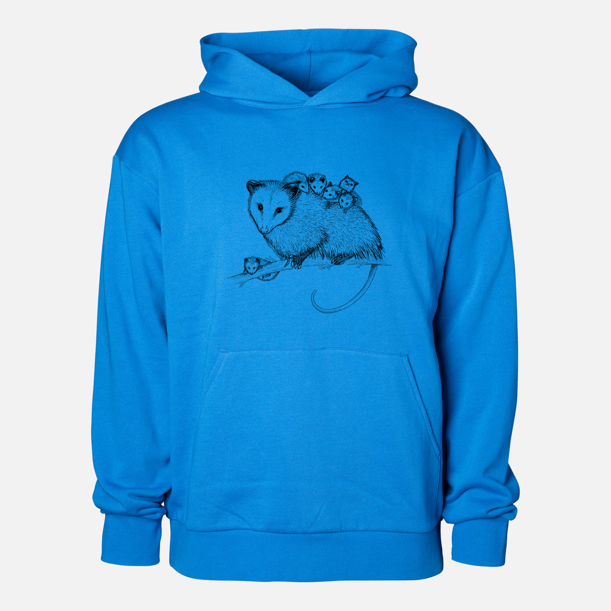 Mama Opossum with Babies - Statement Midweight Hoodie in Azure Blue, shown from the front with the design printed on the chest above a front kangaroo pocket.