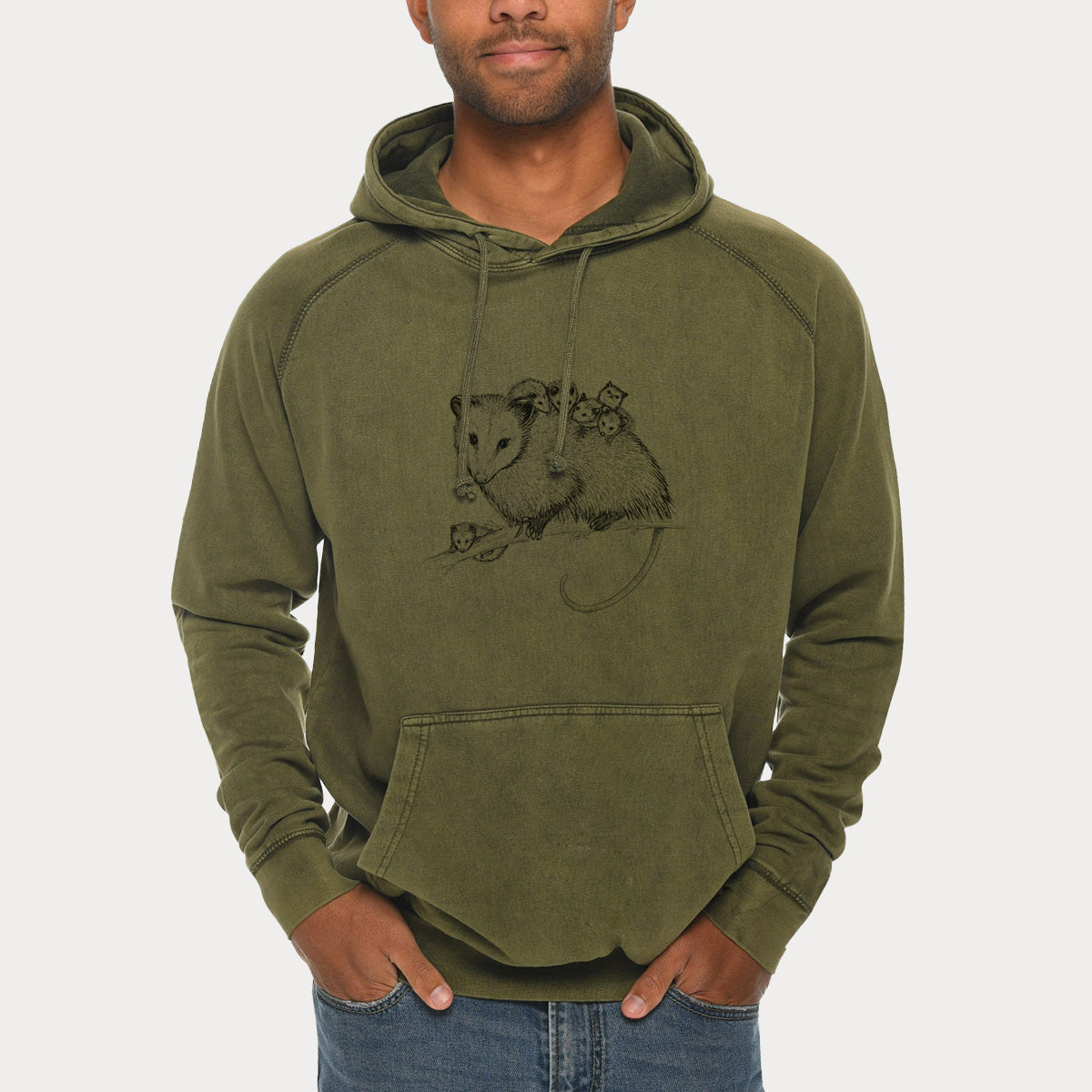 Mama Opossum with Babies  - Mid-Weight Unisex Vintage 100% Cotton Hoodie