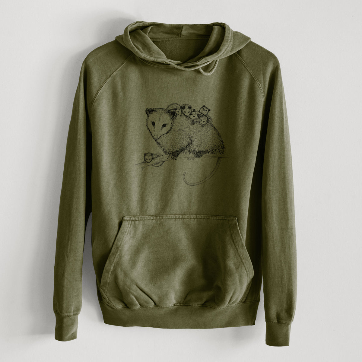 Mama Opossum with Babies  - Mid-Weight Unisex Vintage 100% Cotton Hoodie